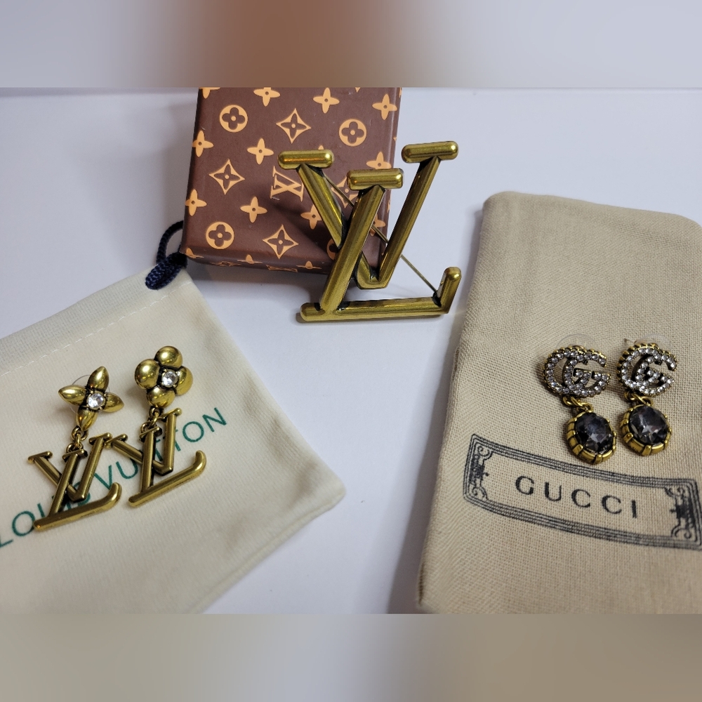 BUNDLE DEAL🎁 3 Pc. LOT, Louis Vuitton Brooch& Earings, Gucci Earings, Dustbags